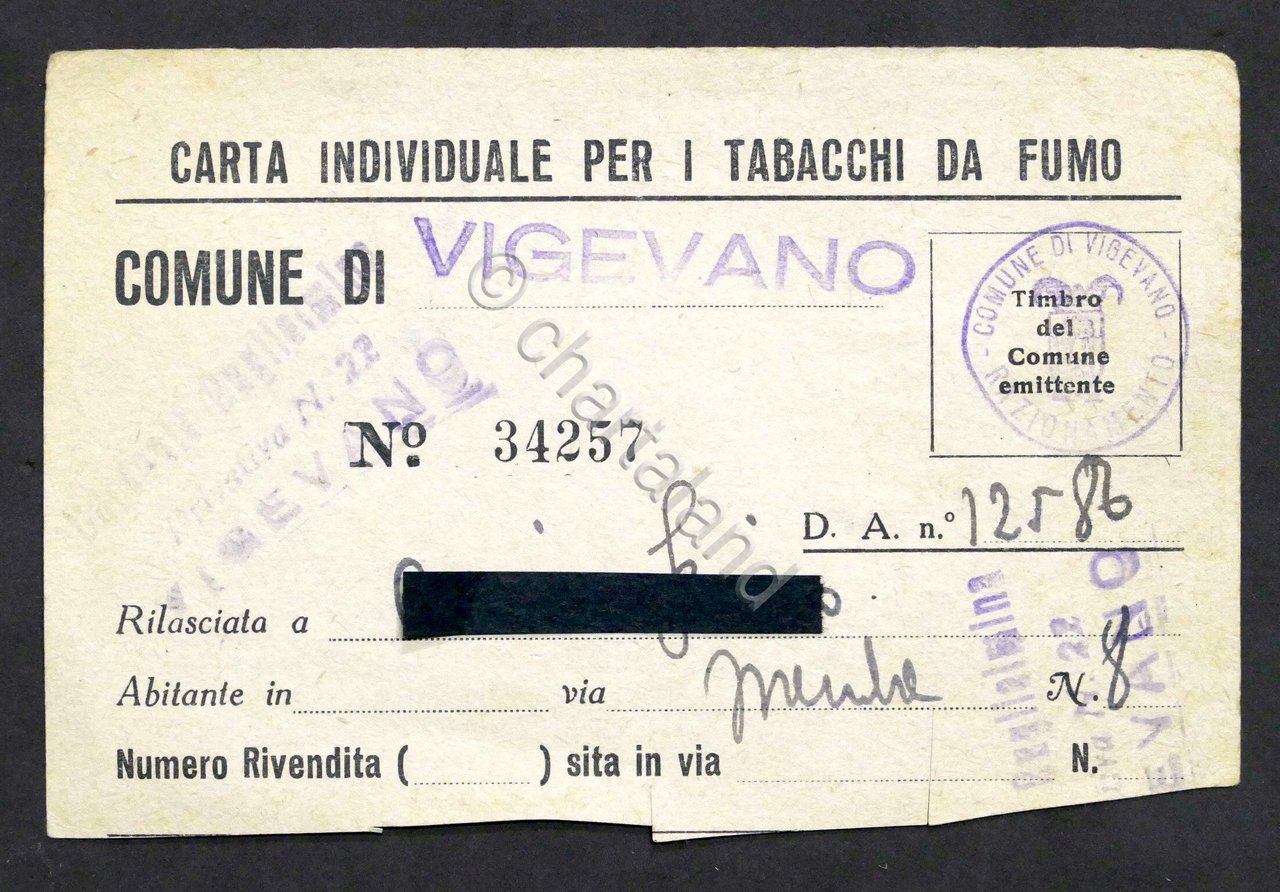 WWII - Razionamento Carta individuale per i tabacchi da fumo …