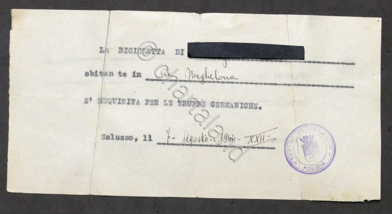 WWII - Ricevuta requisizione bicicletta per le truppe germanniche - …