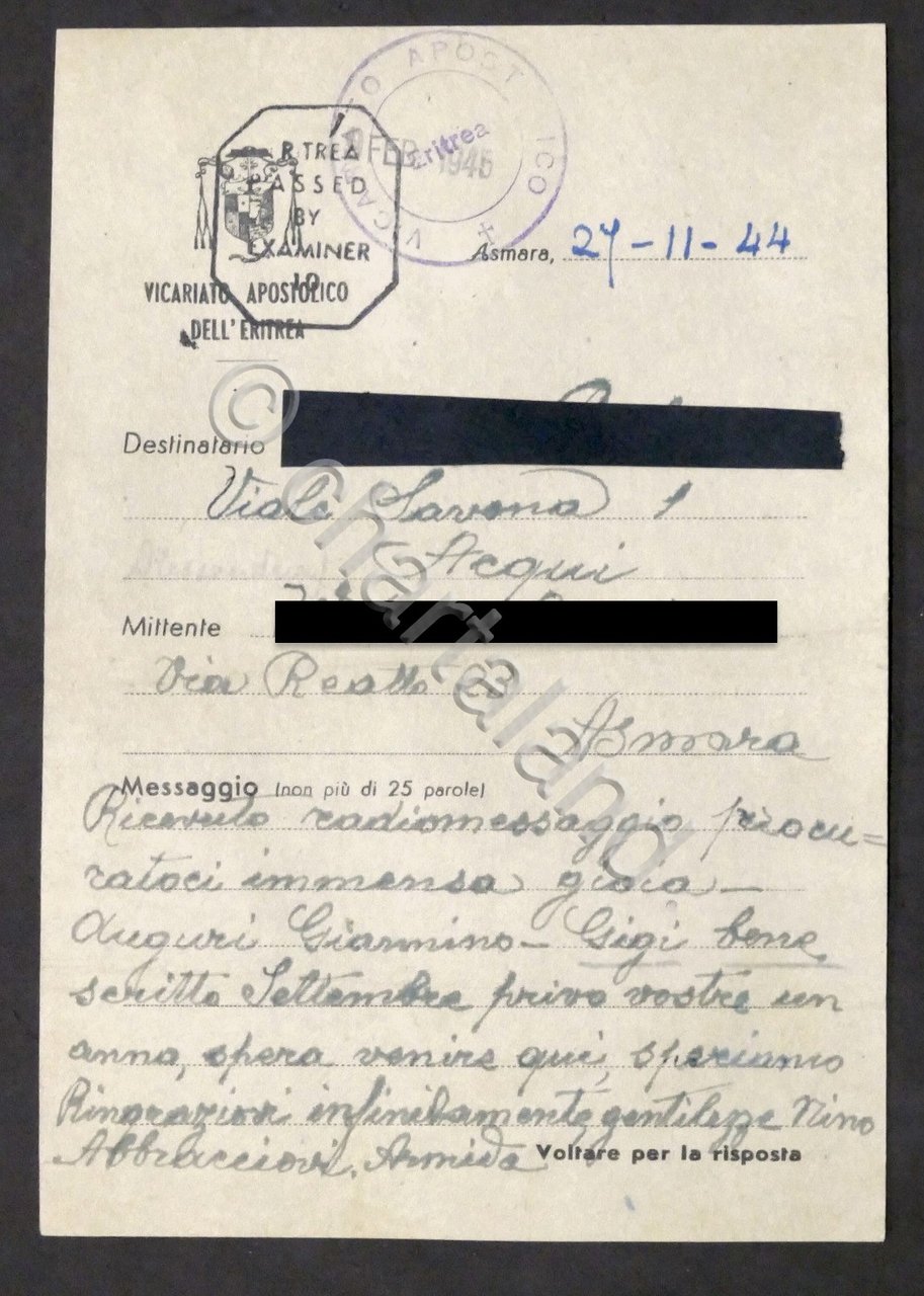 WWII - Vicariato Apostolico Eritrea - Messaggio per famigliari in …