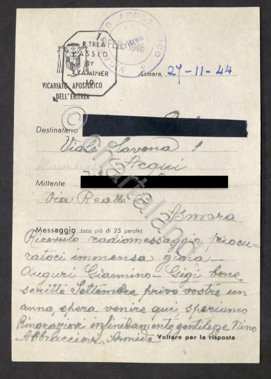 WWII - Vicariato Apostolico Eritrea - Messaggio per famigliari in Italia - 1944