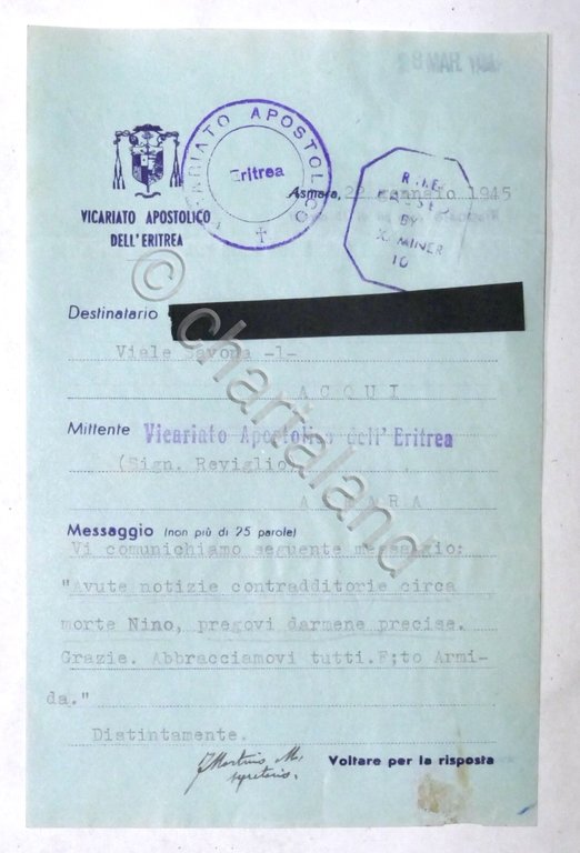 WWII - Vicariato Apostolico Eritrea - Messaggio per famigliari in Italia - 1945