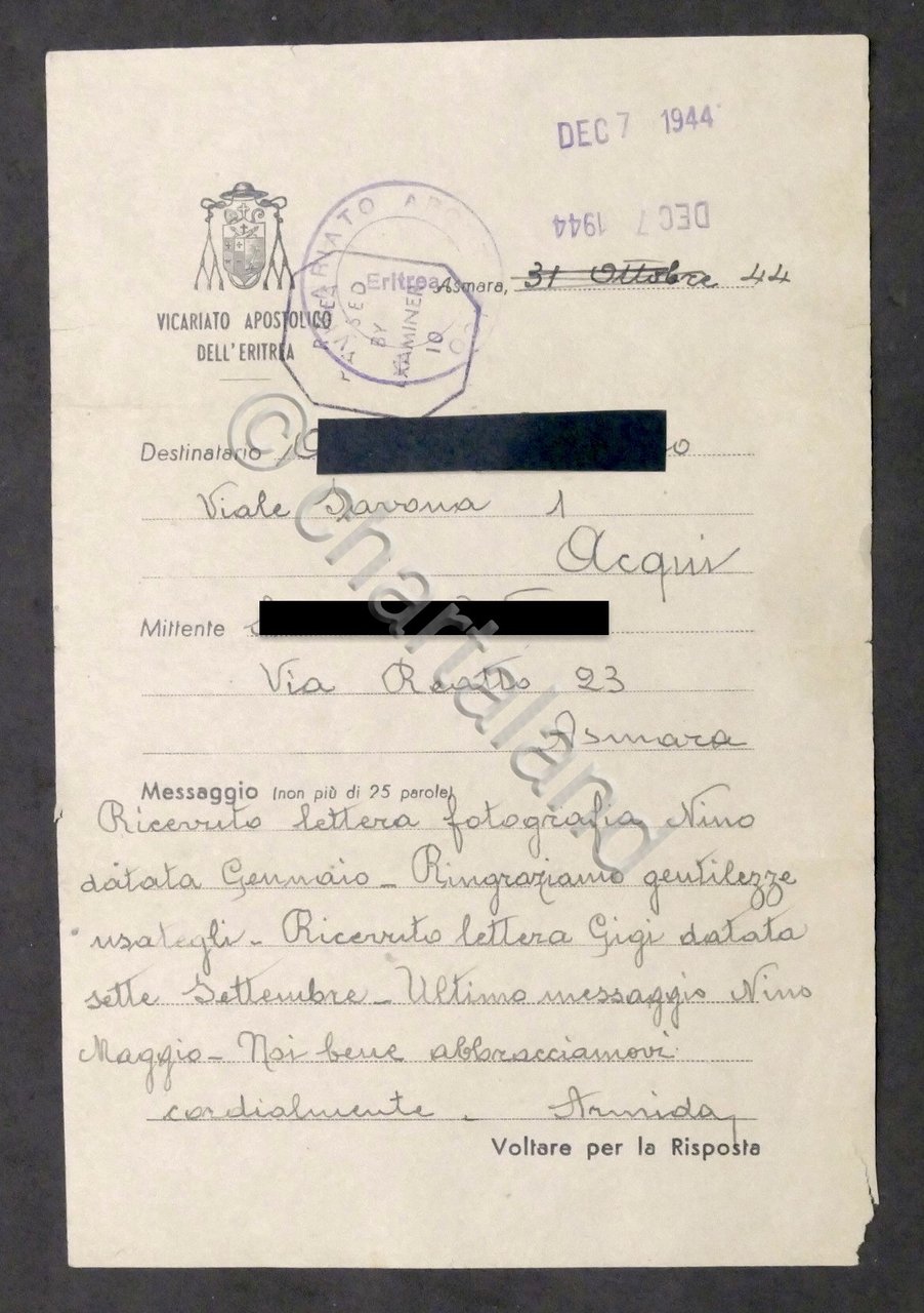WWII - Vicariato Apostolico Eritrea - Messaggio per famigliari in …