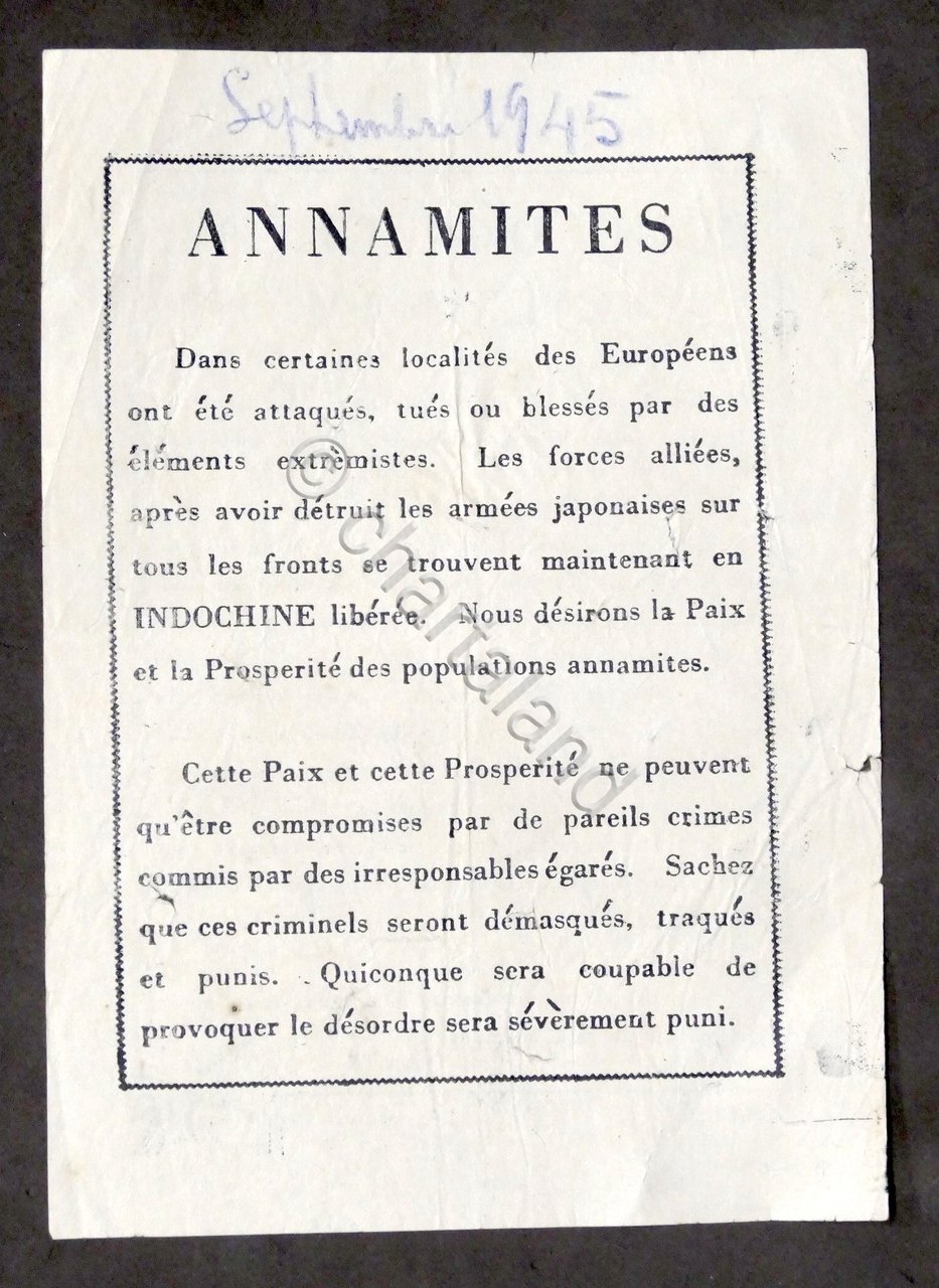 WWII - Volantino degli alleati contro estremisti in Indocina - …