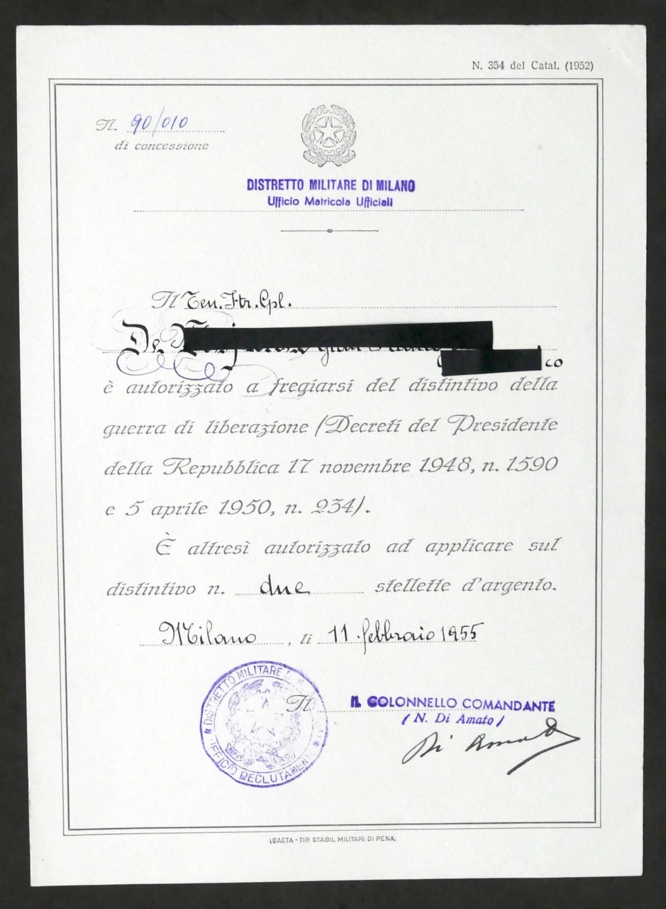 WWII Autorizzazione per distintivo guerra liberazione e per due stellette …