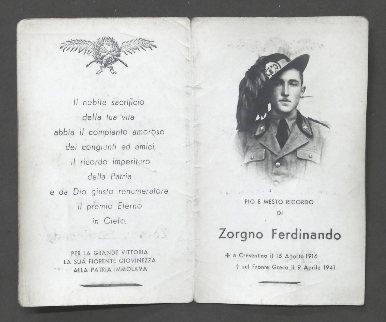 WWII Biglietto Commemorativo in ricordo del Bersagliere Zorgno Ferdinando - …