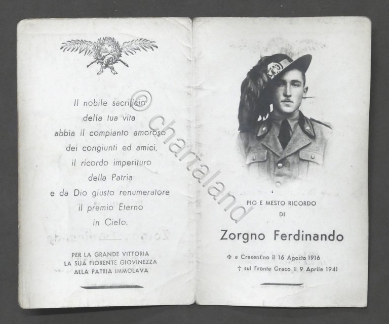 WWII Biglietto Commemorativo in ricordo del Bersagliere Zorgno Ferdinando - …