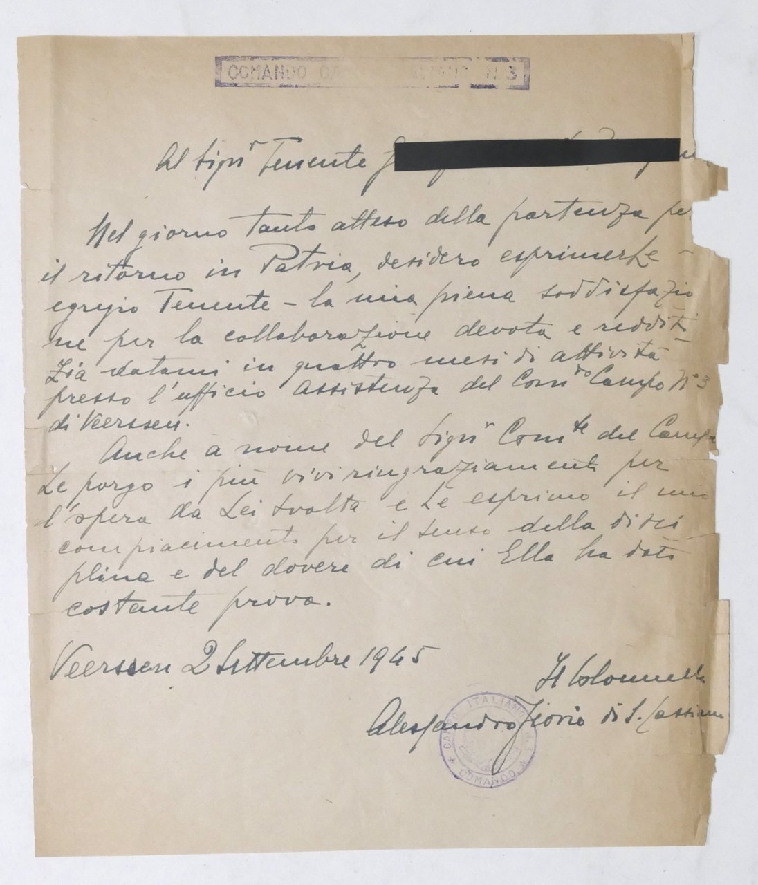 WWII Comando Campo Italiano N. 3 - Lettera di ringraziamento …