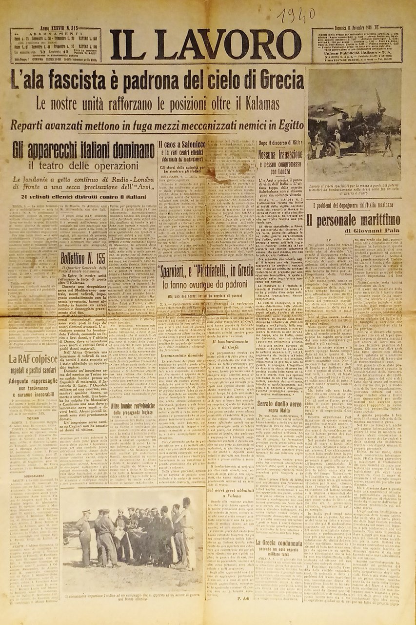 WWII Giornale - Il Lavoro N.315 - 1940 L'ala fascista … | Immagine principale