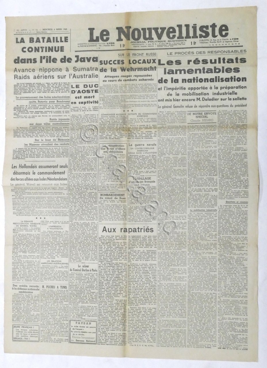 WWII Giornale - Le Nouvelliste - Journal Politique Quotidien - …