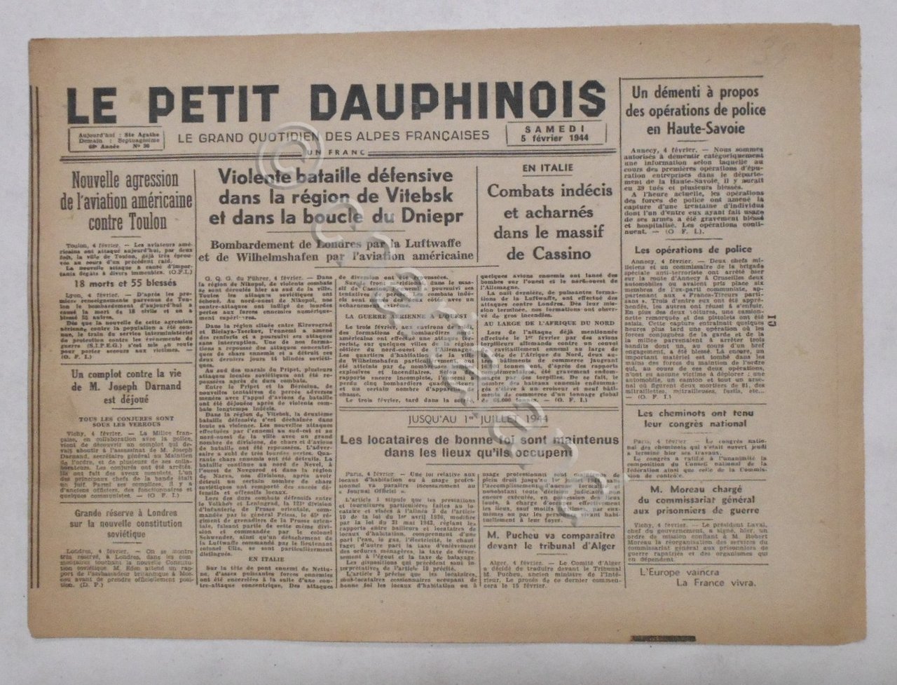 WWII Giornale - Le Petit Dauphinois N. 30 - 1944 …