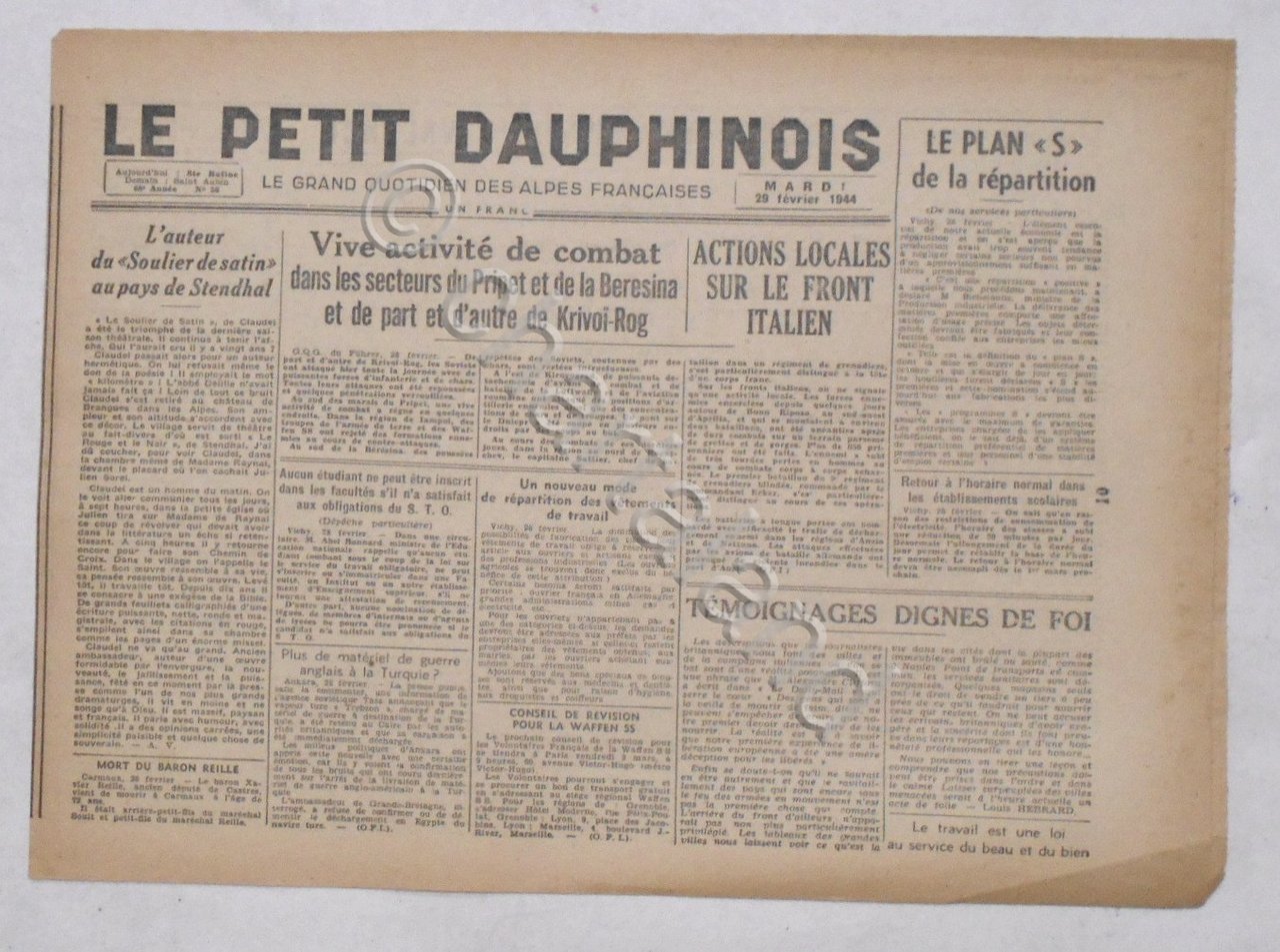 WWII Giornale - Le Petit Dauphinois N. 50 - 1944 …