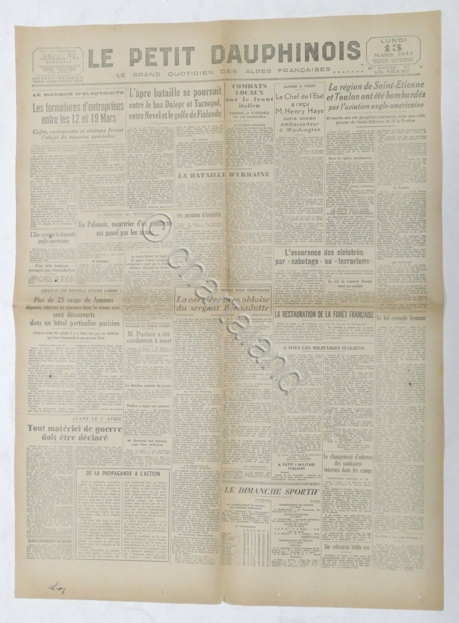 WWII Giornale - Le Petit Dauphinois N. 61 - 1944 …