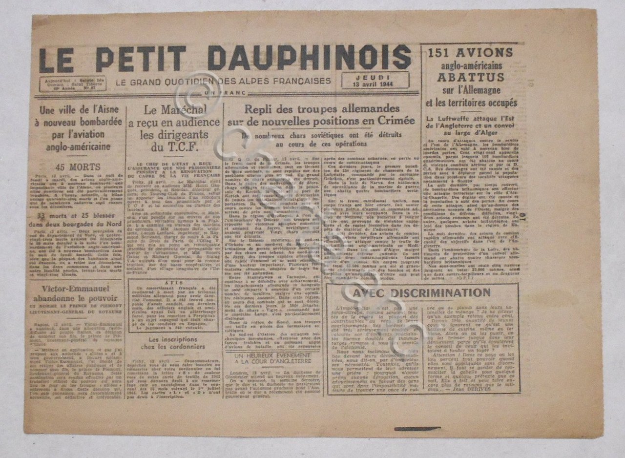 WWII Giornale - Le Petit Dauphinois N. 87 - 1944 …