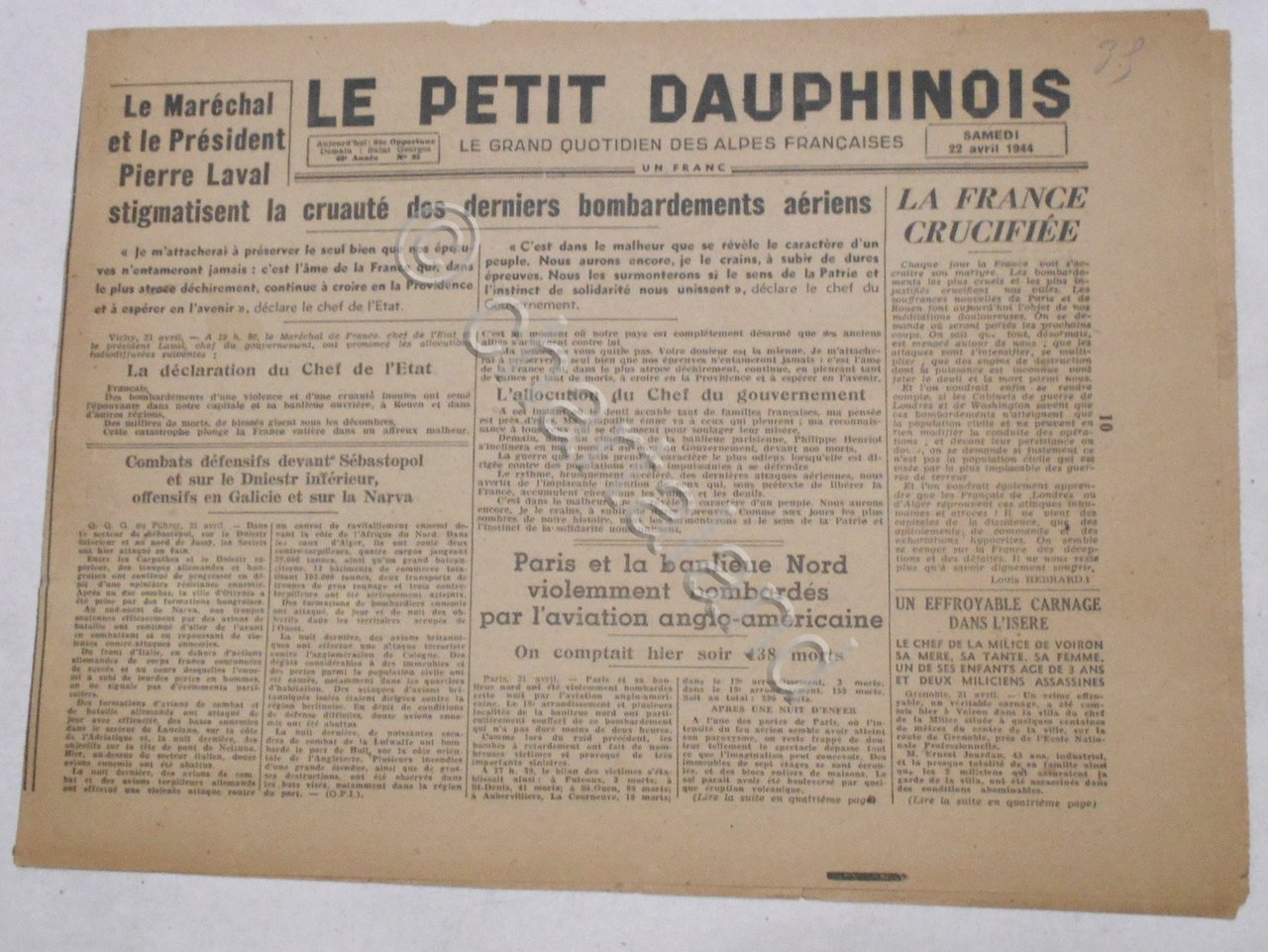 WWII Giornale - Le Petit Dauphinois N. 95 - 1944 …