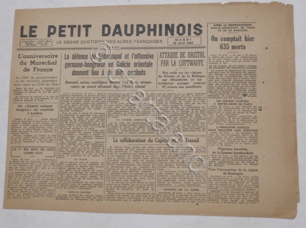 WWII Giornale - Le Petit Dauphinois N. 97 - 1944 …