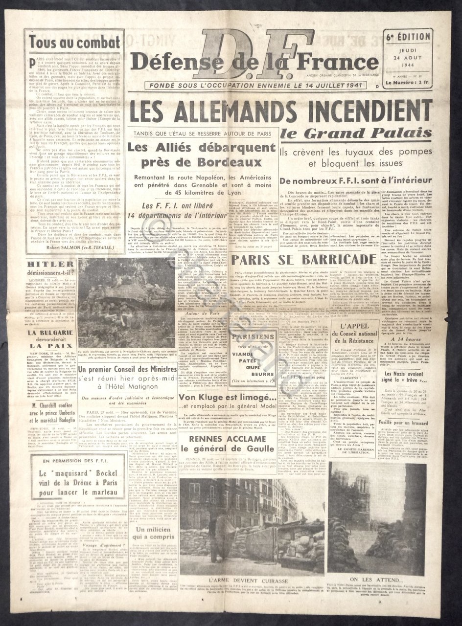 WWII Giornale Francia - D. F. Défense de la France …