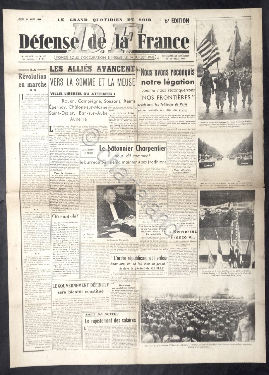 WWII Giornale Francia - D. F. Défense de la France …