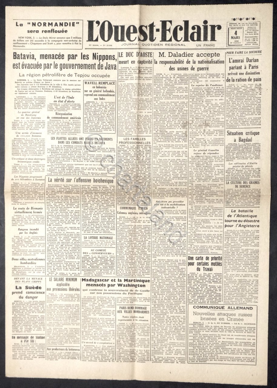 WWII Giornale Francia - L' Ouest-Eclair - N. 16484 - …