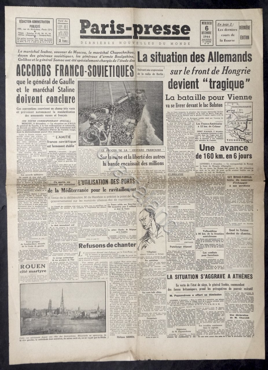 WWII Giornale Francia - Paris-presse - N. 20 - 6 …