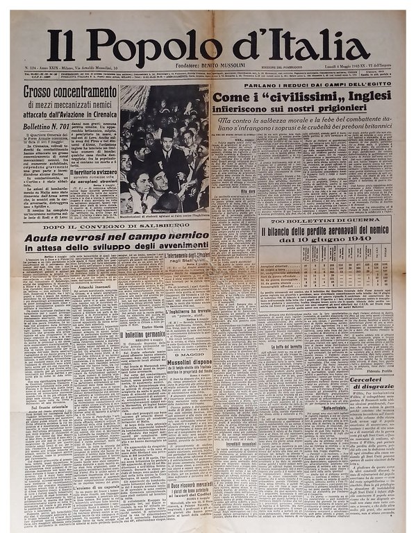 WWII Il Popolo d'Italia N. 124 - 1942 Grosso concentramento di mezzi a Cirenaica