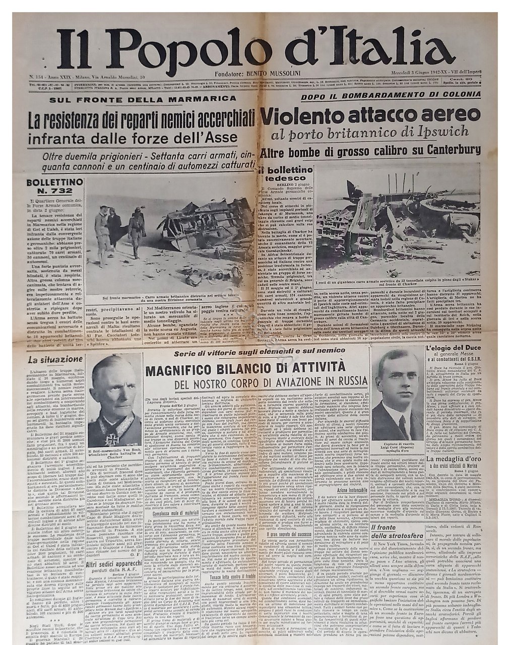 WWII Il Popolo d'Italia N. 154 - 1942 Violento attacco …