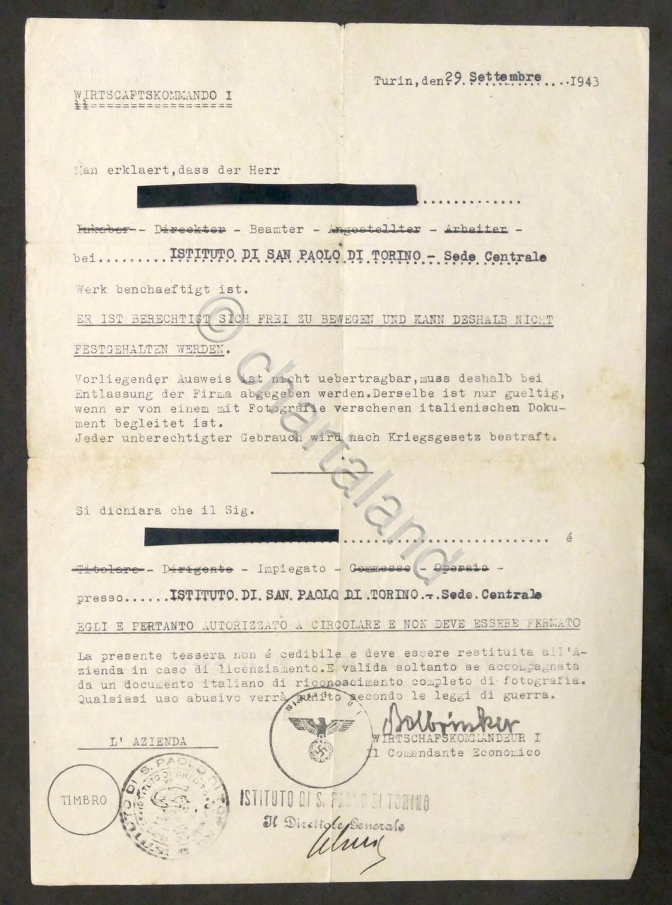 WWII Lasciapassare impiegato Istituto S. Paolo di Torino - Comando …