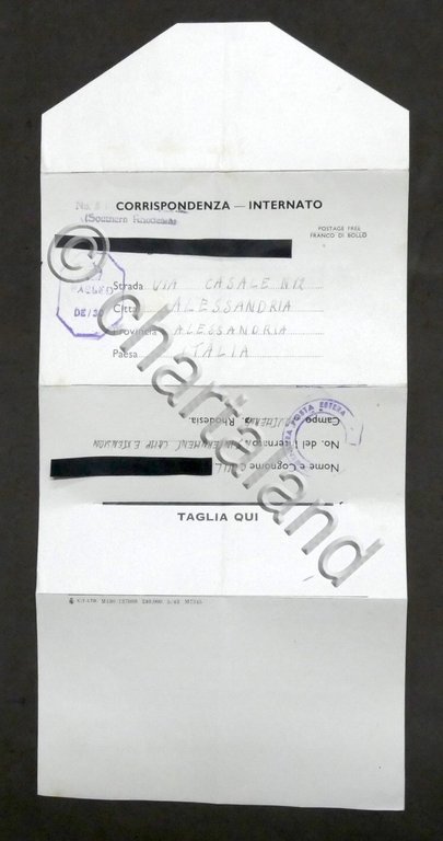 WWII Lettera internato italiano Campo concentramento N. 5 Sud Rhodesia …