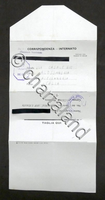 WWII Lettera internato italiano Campo concentramento N. 5 Sud Rhodesia …