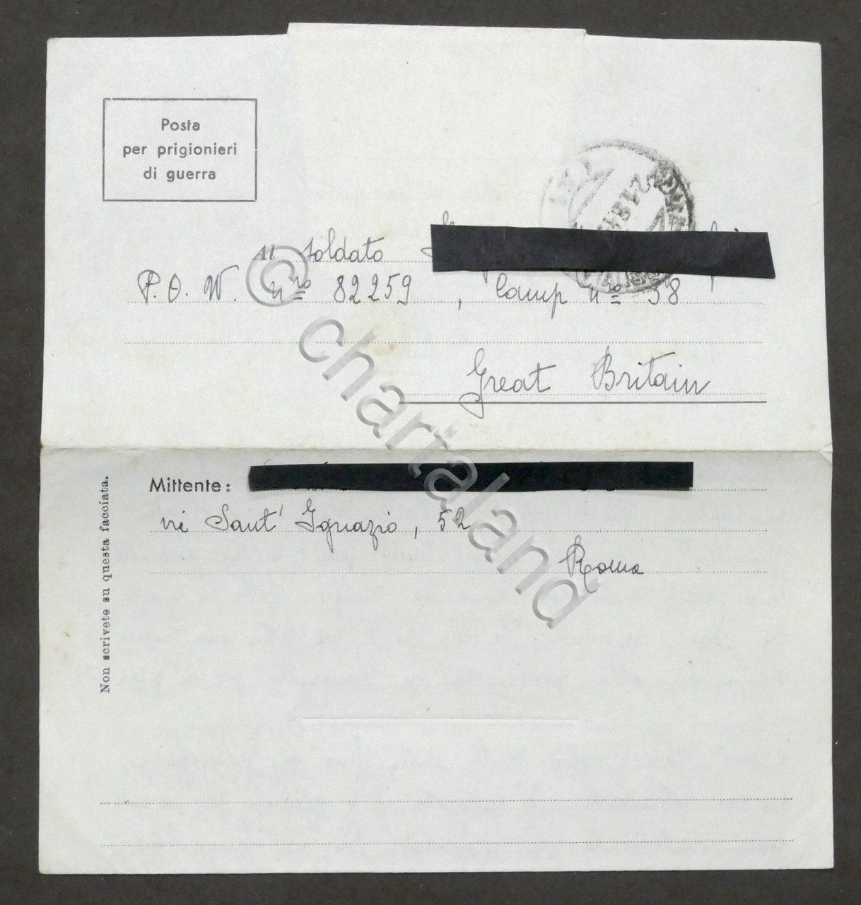 WWII Lettera per prigioniero italiano Campo N. 38 Gran Bretagna …