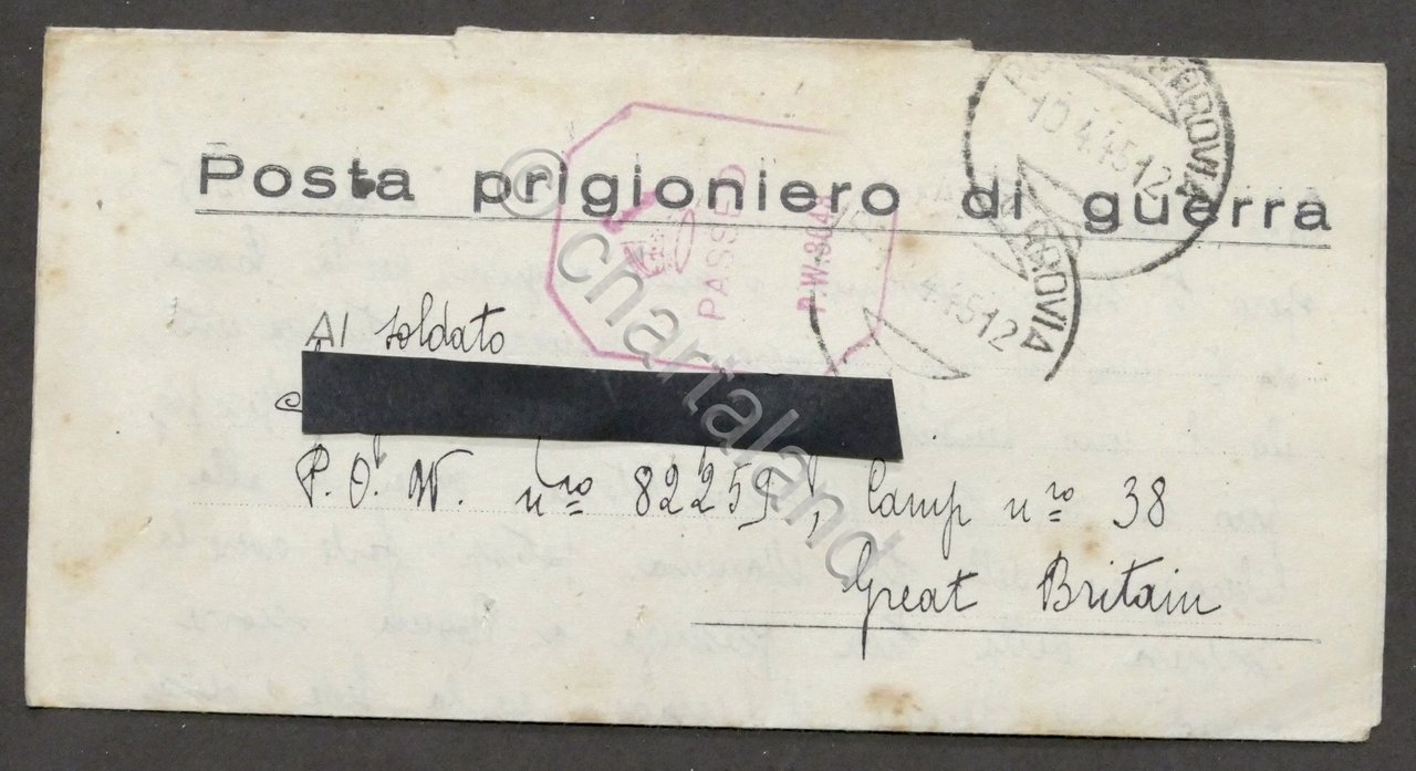 WWII Lettera per prigioniero italiano Campo N. 38 Gran Bretagna …