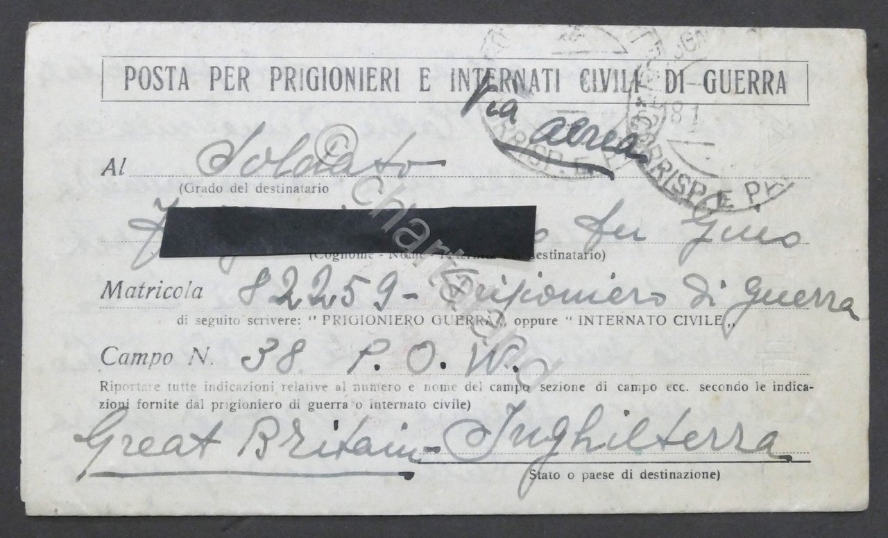 WWII Lettera per prigioniero italiano Campo N. 38 Gran Bretagna …