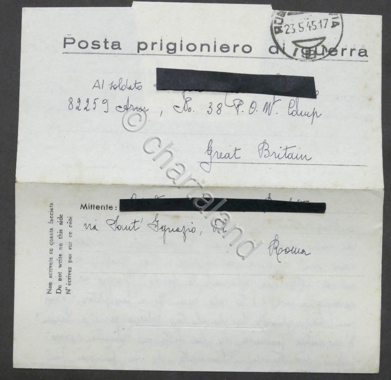 WWII Lettera per prigioniero italiano Campo N. 38 Gran Bretagna …