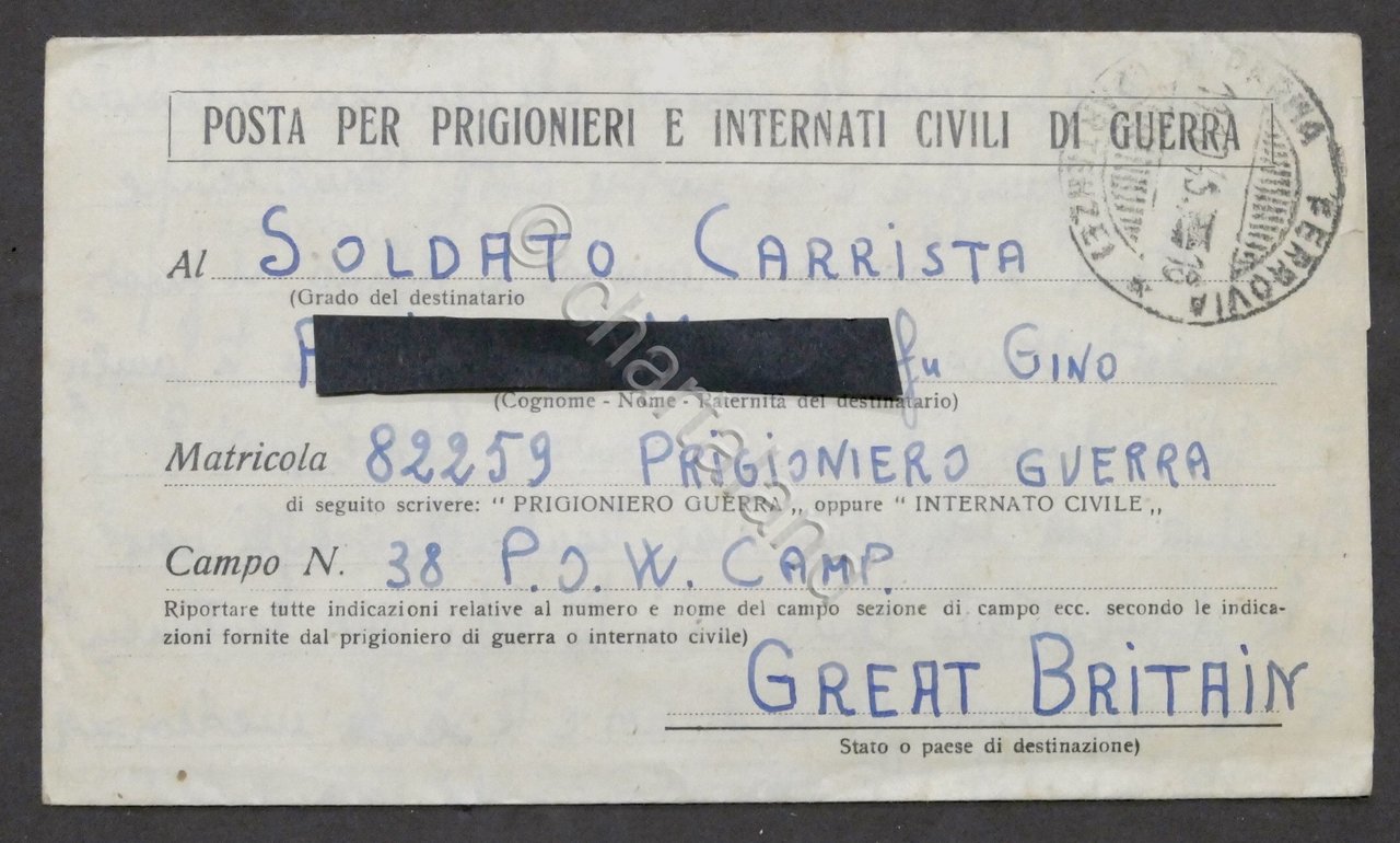 WWII Lettera per prigioniero italiano Campo N. 38 Gran Bretagna …