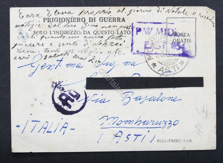 WWII Lettera Prigioniero di Guerra italiano - Campo 304 Middle …