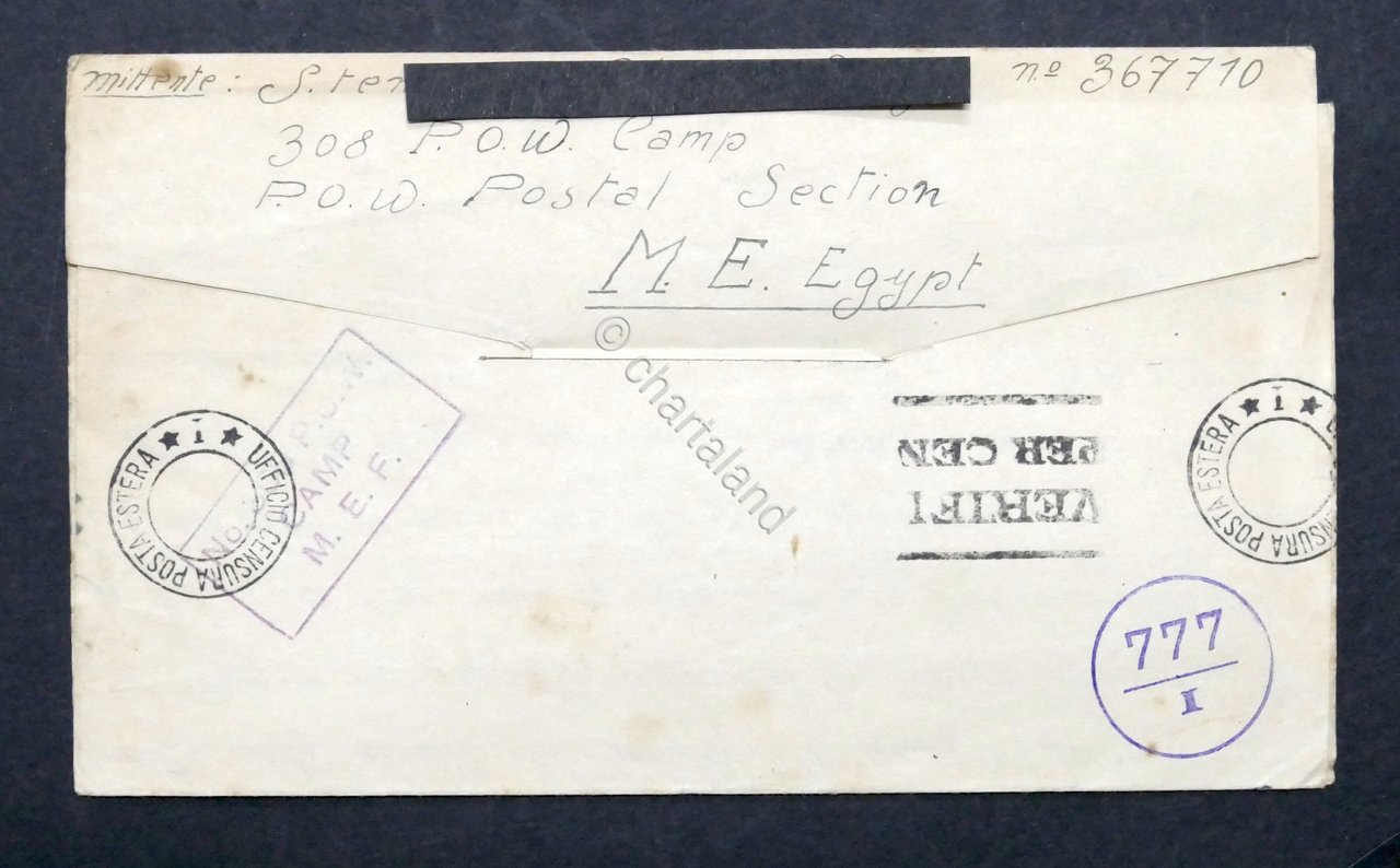 WWII Lettera Prigioniero di Guerra italiano Campo 308 Middle East …