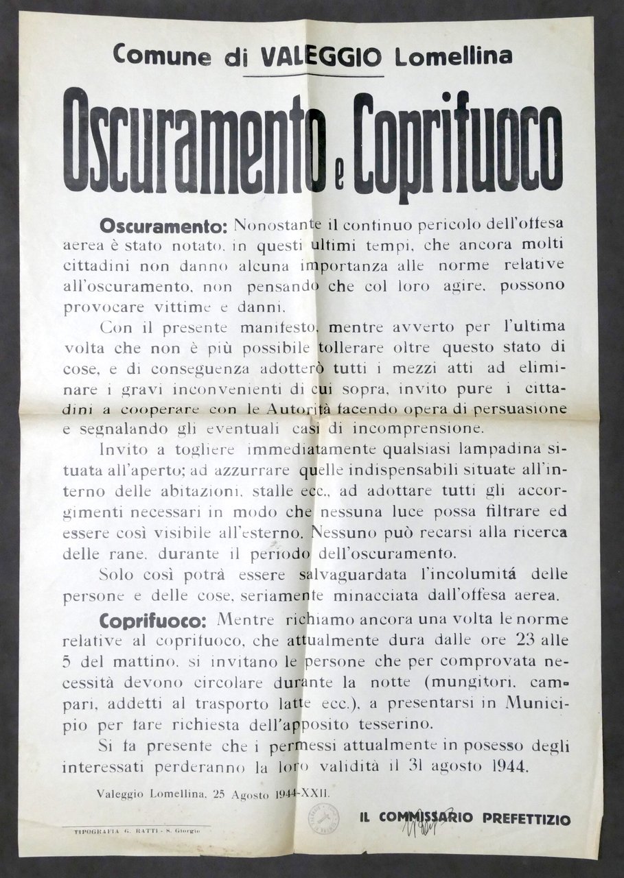 WWII Manifesto Comune di Valeggio Lomellina - Oscuramento e Coprifuoco …