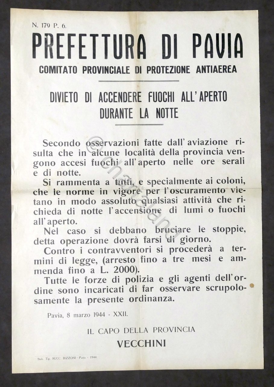 WWII Manifesto Pavia - Protezione Antiaerea Divieto fuochi durante notte …