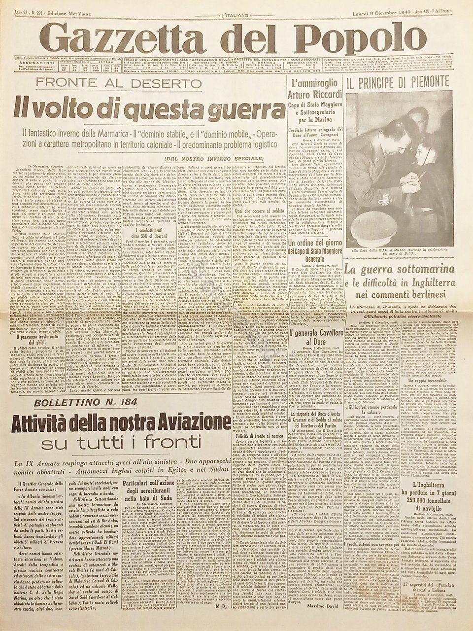 WWII Quotidiano - Gazzetta del Popolo N. 294 - 1940 …