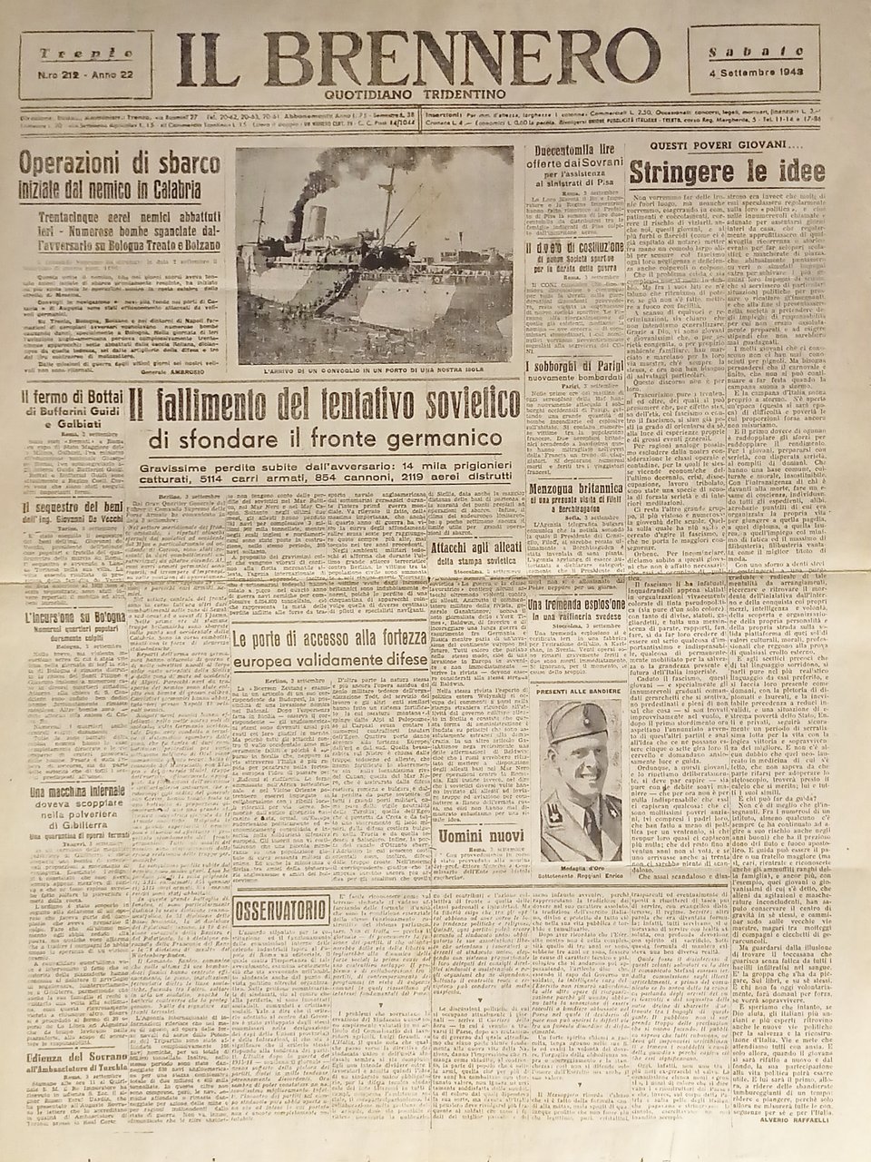 WWII Quotidiano Tridentino - Il Brennero N. 212 - 1943 …