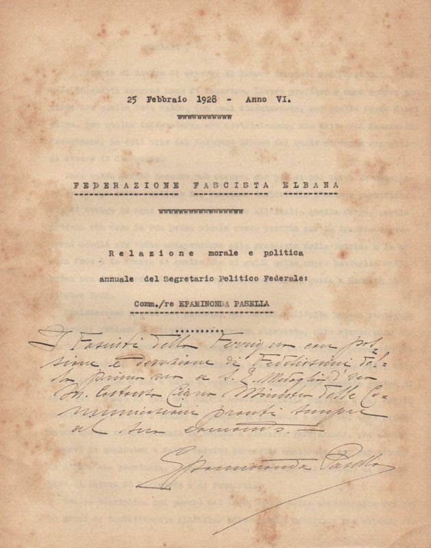 25 Febbraio 1928 - Anno VI. Federazione Fascista Elbana. Relazione …