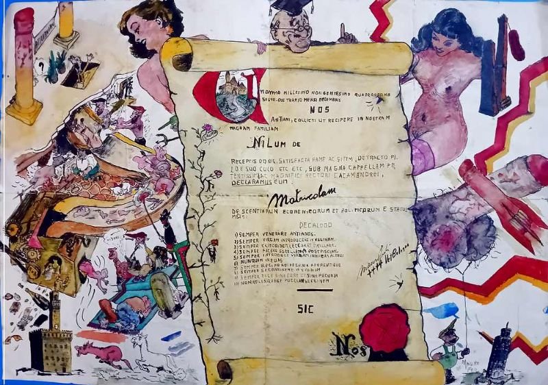 Allegoria goliardica universitaria con varie scene e decalogo, tra le …
