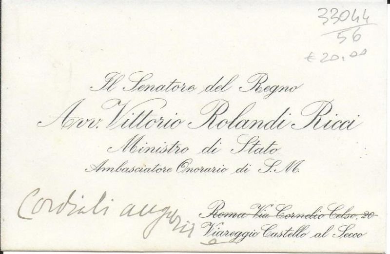 Biglietto da visita intestato con autografo e saluti 5-4-39-XVII.