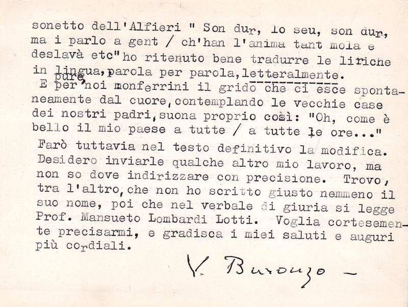 Biglietto dattiloscritto con firma autografa, inviato al critico letterario Mansueto …