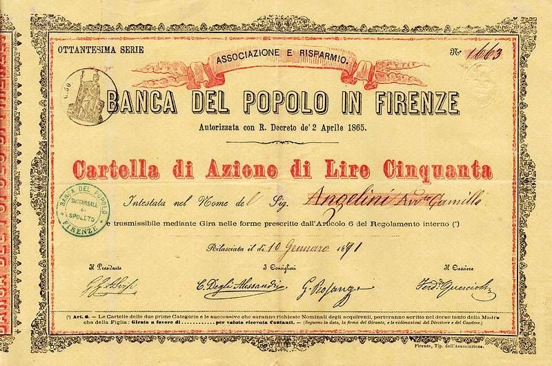 Cartella di Azione di Lire Cinquanta. .