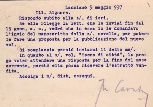 Cartolina dattiloscritta con firma autografa.