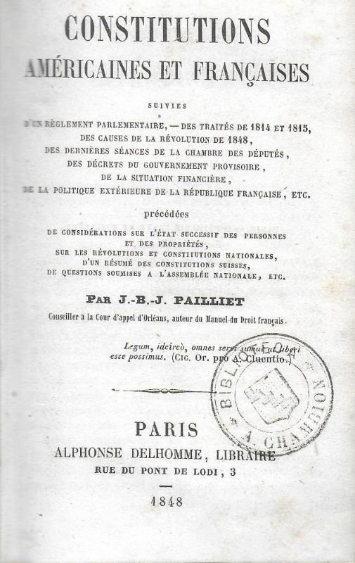 Condtitutions Américaines et Françaises suivies d'un Réglement parlementaire. - des … | Immagine principale