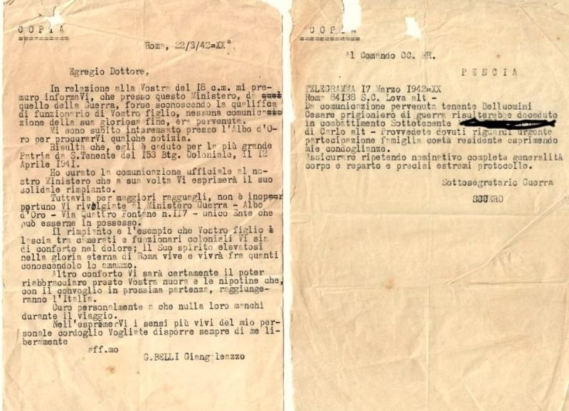 Copia di telegramma e risposta di ricerca.