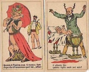 Curiose figurine illustrate a colori a sfondo satirico-proverbiale, com motto …