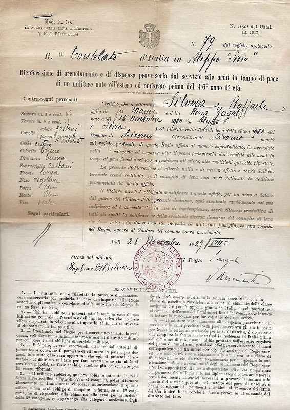 Dichiarazione di arruolamento e dispensa provvisoria dal servizio alle armi …
