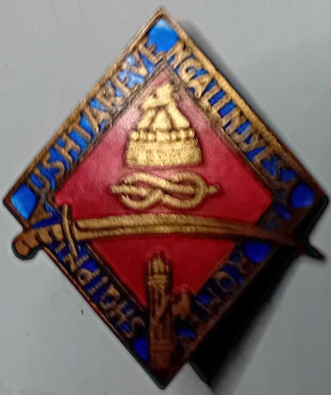 Distintivo romboidale in ottone e smalti, applicazione a spilla.